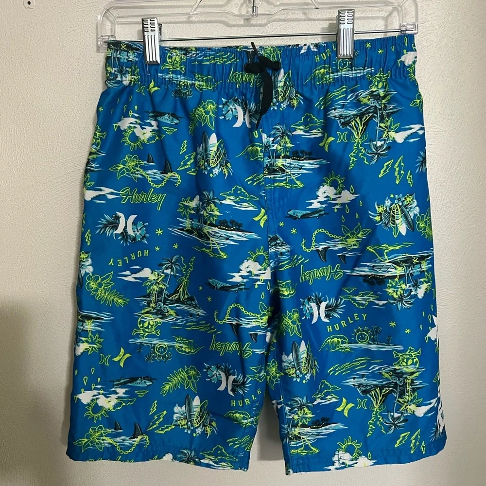 HURLEY Classic Doodle Isle Drawstring Board Shorts Swim Trunks Blue Green Boys L